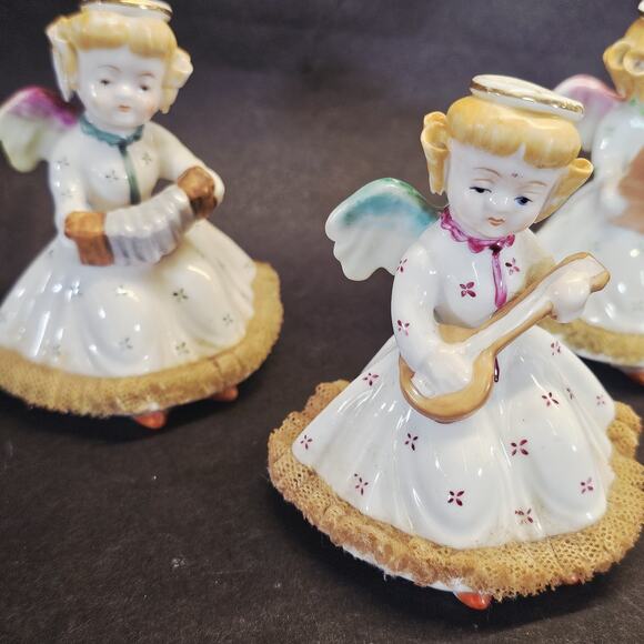 3 Vintage Christmas Angels Figurines Instruments Ucagco Japan Netting Trim - Picture 2 of 13